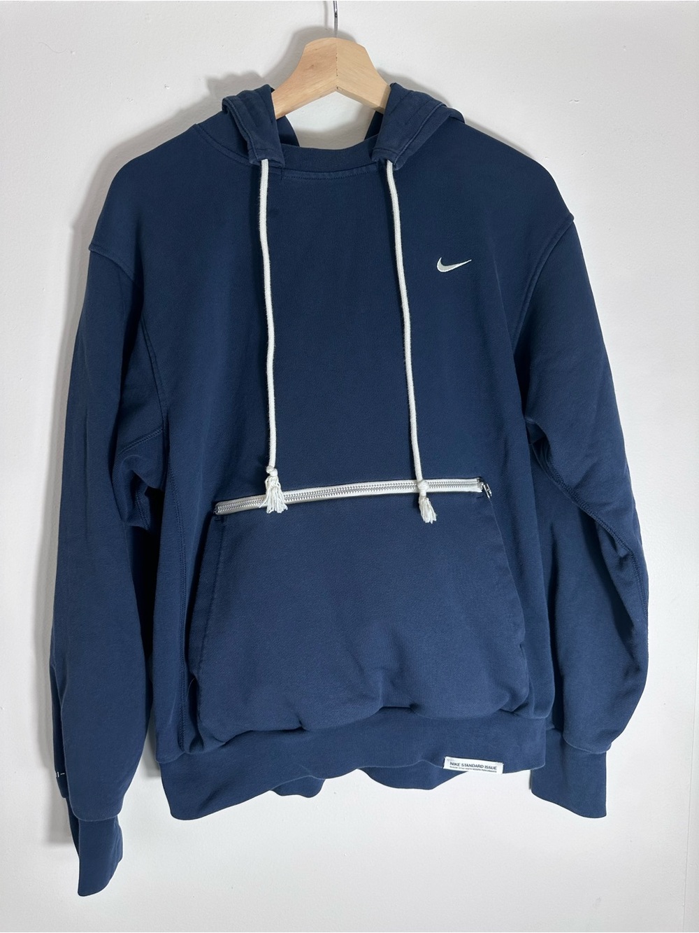 Nike Standard Issue Navy Pullover Hoodie with White Drawcords